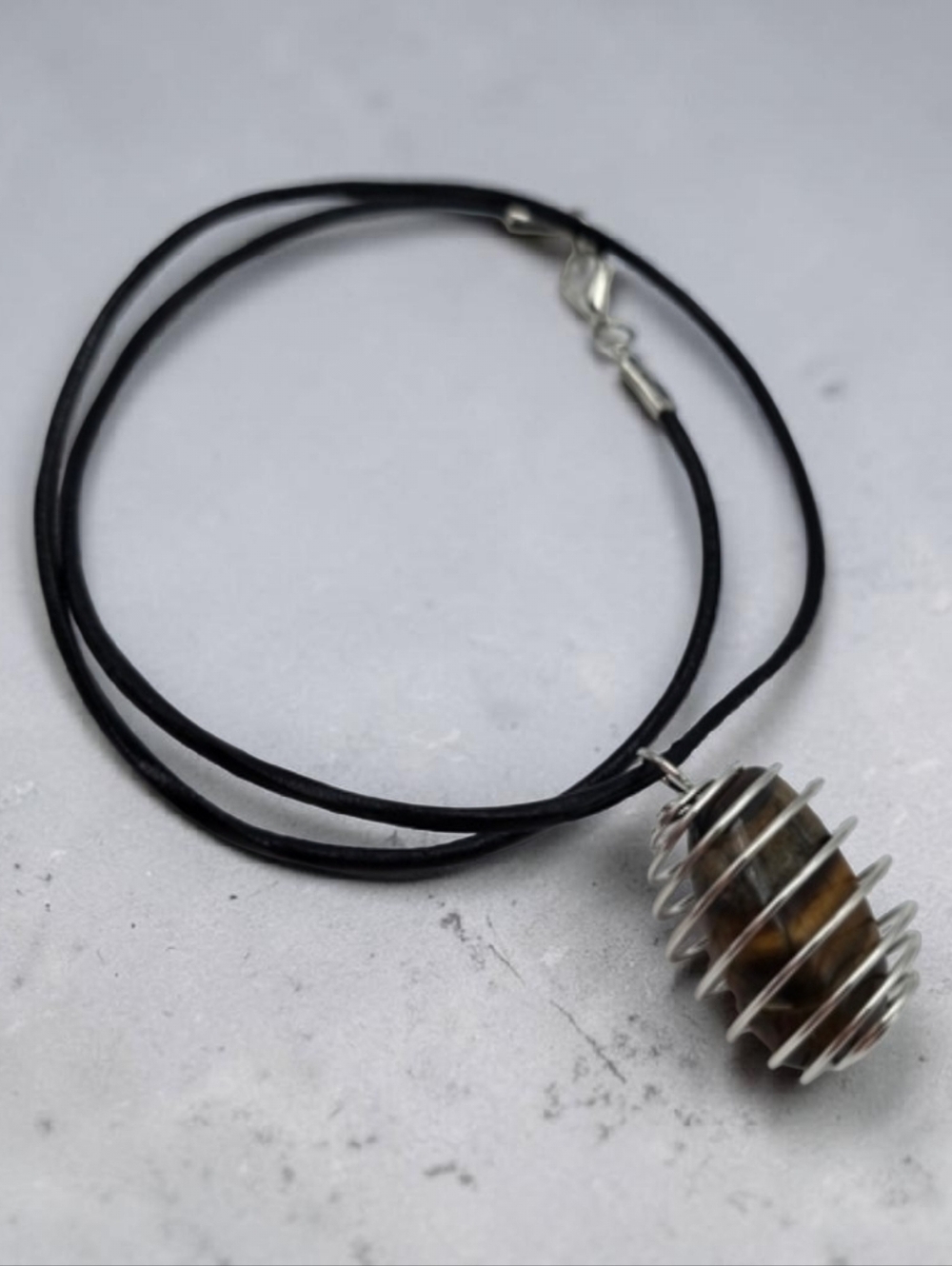 Handmade Tiger’s Eye Pendant Silver Spiral Cage Necklace – Boho Jewelry